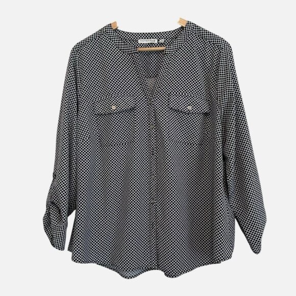 Notations Tops - Women's 2X Black White Pattern Work Casual Button Roll Tab PLUS Soft Blouse
